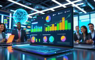 a laptop computer screen with data analysis graphs and chart with a group in business meeting