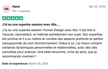 Avis 5 étoiles Trustpilot de Hanh sur le coaching par le design humain de Mujō