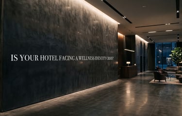 luxury hotel lobby with text on the wall saying ''is your hotel facing a wellness identity crisis'.
