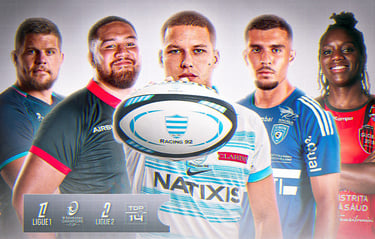 Visuel sportif mettant en avant des joueurs de rugby et de football en tenue officielle