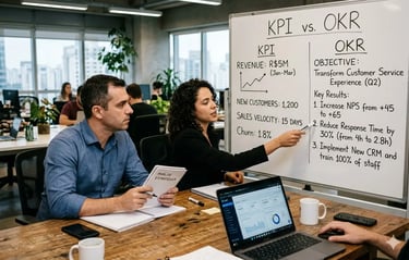Equipe de negócios revisando estratégia de KPI vs OKR em um quadro branco em um escritório moderno.
