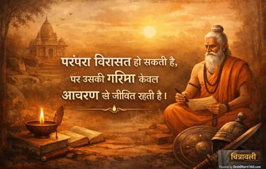 परंपरा और आचरण पर आधारित उद्धरण के साथ भारतीय सांस्कृतिक प्रतीकात्मक चित्र — ऋषि, दीपक और ज्ञान का वातावरण