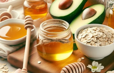 honey and oats in jar and bowls, an avocado cut in half