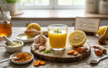 limão com alho e cúrcuma em destaque sobre uma base de madeira, acompanhado de ingredientes naturais