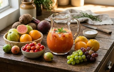 Jarra de vidro com suco tropical e frutas frescas: uvas, laranjas, acerolas e goiabas.