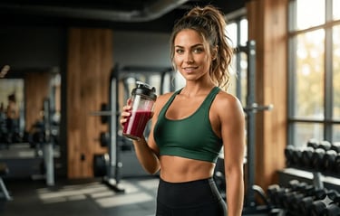 Uma mulher fitness usando top esportivo verde segurando um shake pré-treino em uma academia moderna.