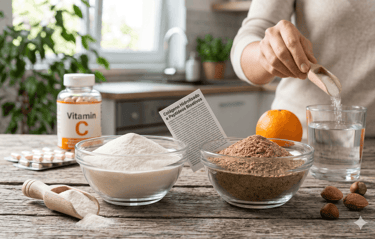 Pessoa adicionando colágeno hidrolisado em pó em um copo de água, ao lado de cápsulas de vitamina C 