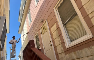 a man is painting a house with a ladder