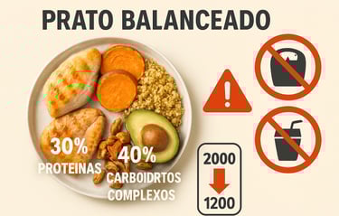 Prato balanceado com proteínas, carbos e gorduras saudáveis`
