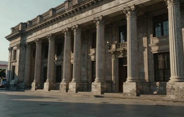 Wide panoramic shot of classical courthouse architecture in Colombia, stone columns, soft afternoon sunlight with deep shadows, quiet and institutional.