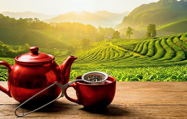 théière et tasse de thé devant paysage de montagnes et champs de thé