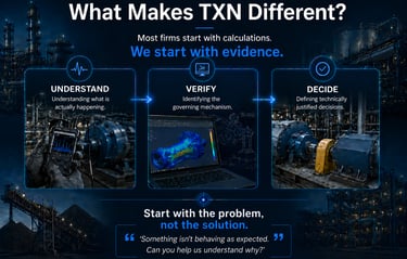 TXN engineering investigation methodology showing Understand, Verify and Decide based on evidence