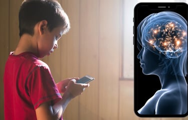 Child using a cell phone (left and right): smartphone with visual representation of brain activity.
