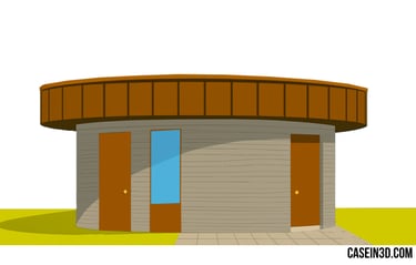 Illustration of the 3D-printed community center in Kirkebjerg Søpark, Brøndby. A circular concrete 