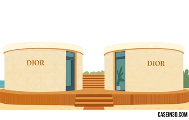 Illustration of a Dior installation in Dubai: two beige cylindrical boutiques on a wooden platform.