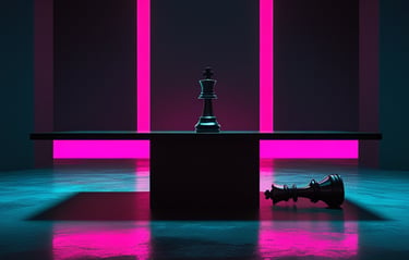 A black chess king standing on a table with neon pink and blue lighting in a dark room.