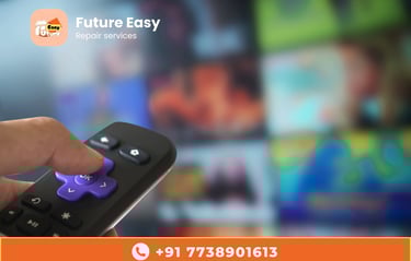 A person pressing a button on a TV remote, with a blurred TV screen in the background.