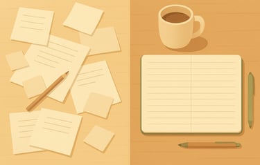 Escritorio dividido en dos: un lado caótico con papeles y post-its, y otro ordenado con cuaderno y c