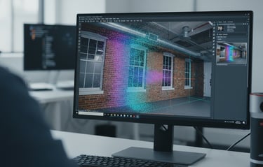 High resolution point cloud and HDR spherical imagery captured with Leica BLK 360 being integrated into a BIM model on a comp