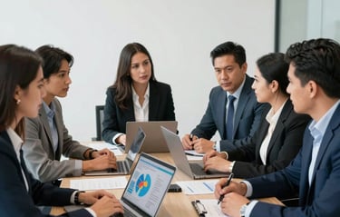 A group of Latin American / Hispanic Enterprise professionals reviewing recruitment metrics and digital branding strategies during an interactive session in a clean, brightly lit corporate meeting room.