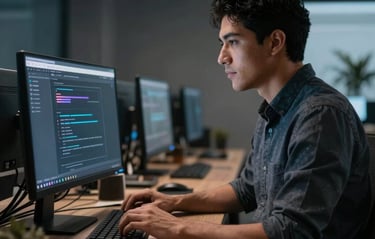 A Latin American / Hispanic Enterprise software developer working on high-tech corporate web applications inside a modern dark neutral workspace illuminated with subtle sky blue accent light.