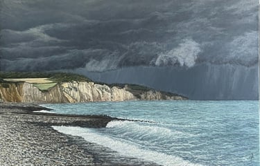 Tableau peinture à l'huile - Falaises de Pourville sous le grain