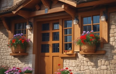 a house with a wooden door and flower pots