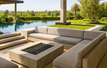Modern gray sectional by Solo Home Decor with concrete firepit beside a luxury infinity pool and lush green backyard.