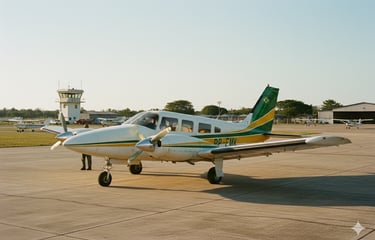 a small plane sitting on a tarmac, embraer emb-810 seneca