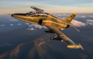 a military plane flying over a mountain range, xavante emb-326