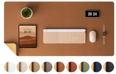 leather desk pad with mouse and desk essentials on it