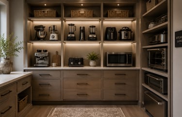 Custom wooden kitchen appliance garage with integrated LED lighting and organized small appliances.