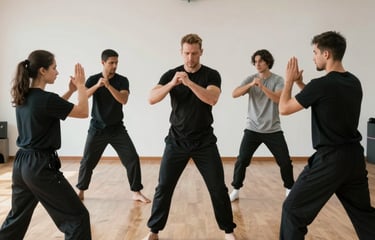 Instructor demonstrating self-defense moves to a small group in a modern training room.