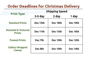 Christmas ordering deadlines for fine art prints and gallery wrapped canvas