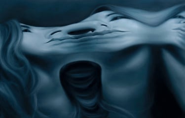 distorted self-portraits, exploring themes of identity and psychological fragmentation