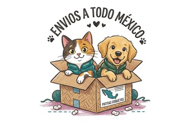 Un gato y un perro adorables en una caja de envío con el texto «Envíos a todo México».