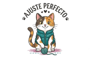 Lindo gato calicó que lleva un chaleco acolchado de color verde azulado con el texto Ajuste Perfecto