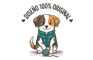 Adorable ilustración de un cachorro con chaleco verde jugando con lana, con un diseño 100 % original