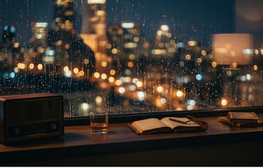 Vintage radio and journal on a window sill with rainy city night lights bokeh background.