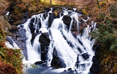 Long exposure photography of a scenic cascading waterfall over dark rocks in a lush autumn forest.