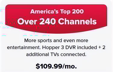 DISH America's Top 200 TV package offer featuring over 240 channels and Hopper 3 DVR for $109.99/mo.