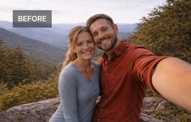 smoky mountains couple selfie at scenic overlook, original vacation photo before artwork transformation