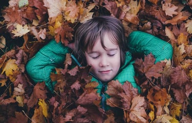 child resting in leaves