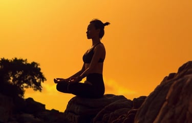 woman meditating on rock with sunset background