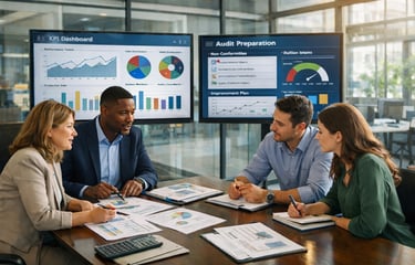 Equipe avaliando documentação e indicadores na etapa de avaliação e melhoria contínua do sistema de 