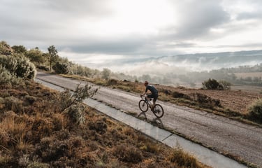 a man riding a bicycle down a road