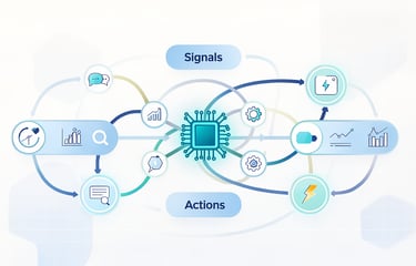A digital flowchart showing a central microchip processing data signals into automated business actions.