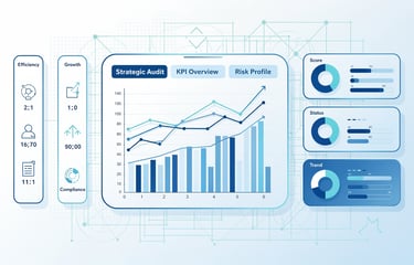 Business data dashboard showing strategic audit charts, KPI overview graphs, and growth metrics.