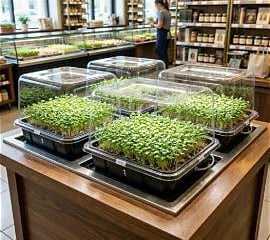 Fresh organic microgreens growing in trays at a local grocery store market display.