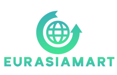EurasiaMart logo featuring a green globe icon with a circular arrow and bold teal text.